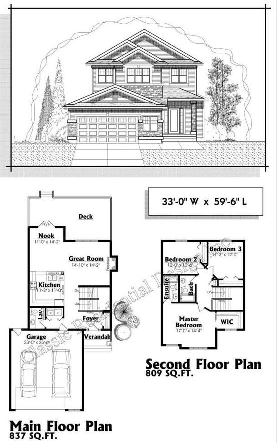 A black and white drawing of a house and its floor plan