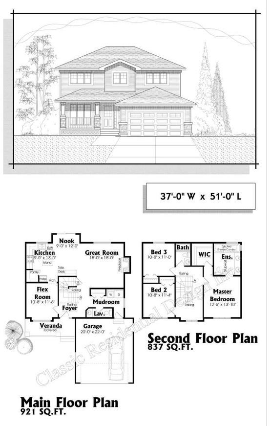 A black and white drawing of a house with a main floor plan and a second floor plan.