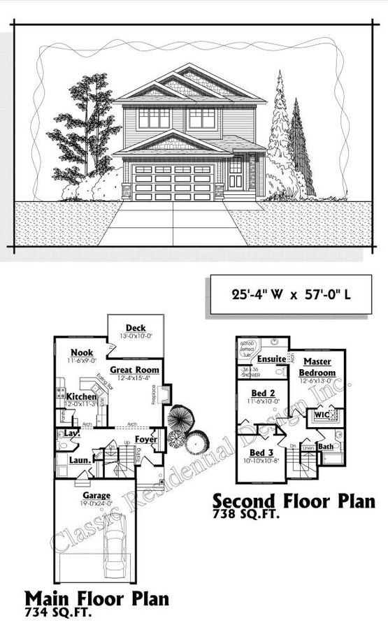 A black and white drawing of a house with a main floor plan and a second floor plan.