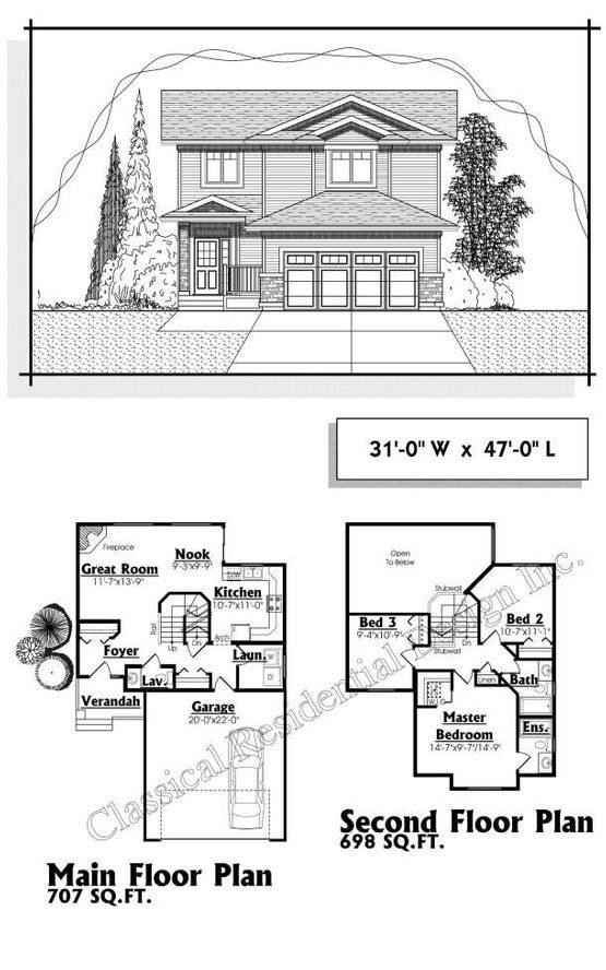 A black and white drawing of a house with the main floor plan and second floor plan.