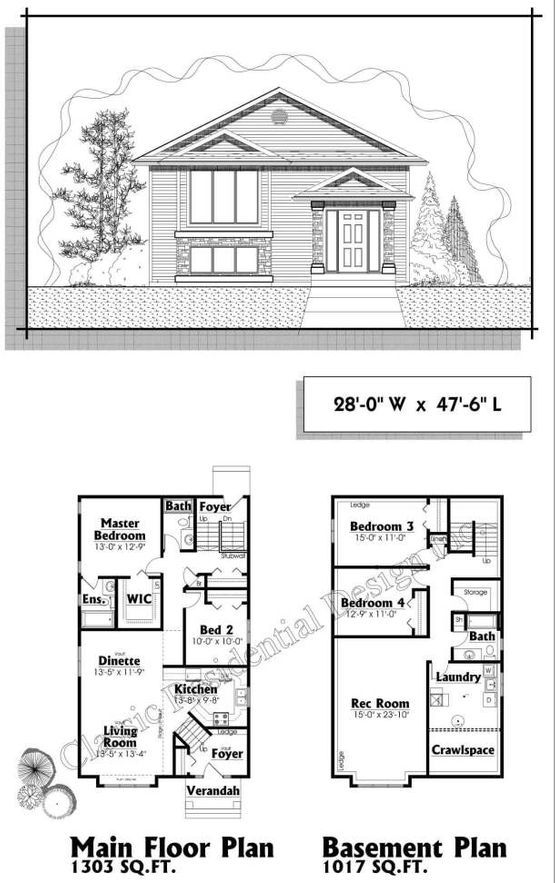 A black and white drawing of a house 's floor plan and basement plan.