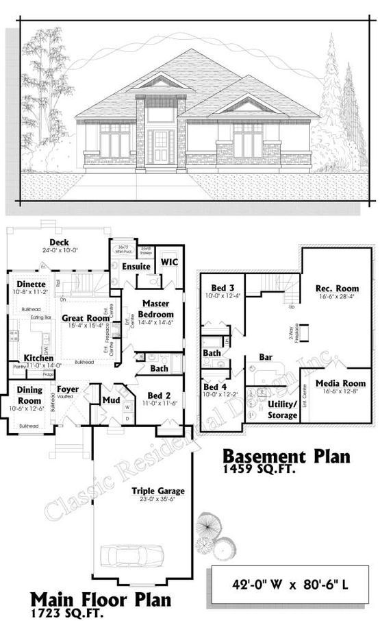 A black and white floor plan and basement plan of a house