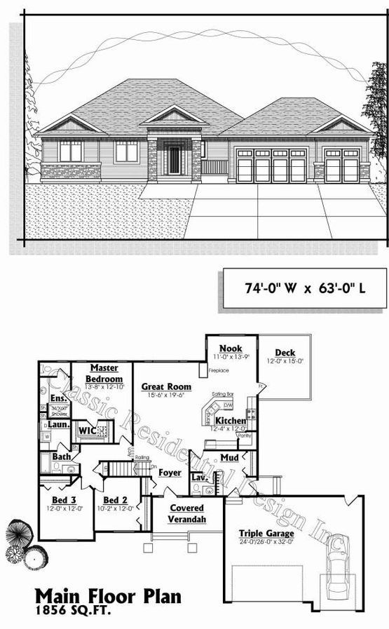 A black and white drawing of a house and its floor plan.