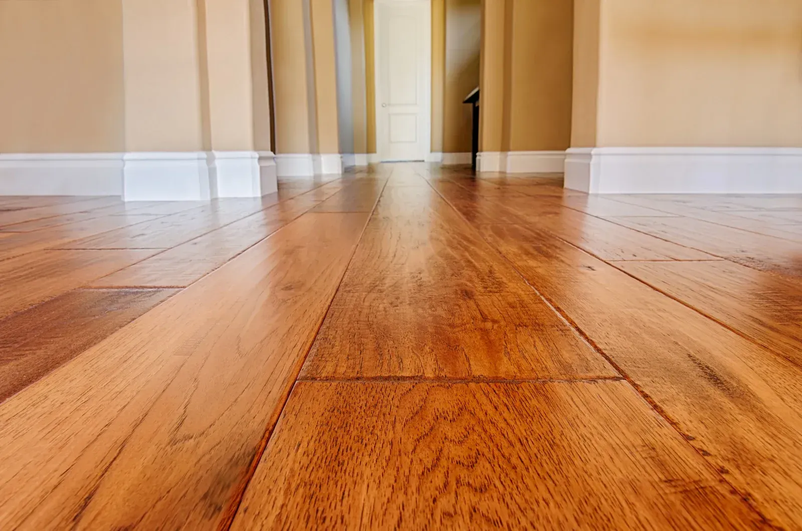 Empty hardwood hallway with a polished floor and white baseboards, viewed from a low angle