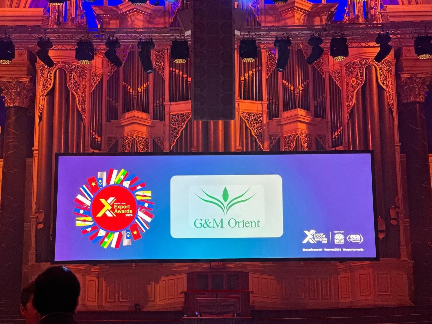 G&M Orient team celebrating finalist nomination at the 2024 NSW Export Awards Gala at Sydney Town Ha
