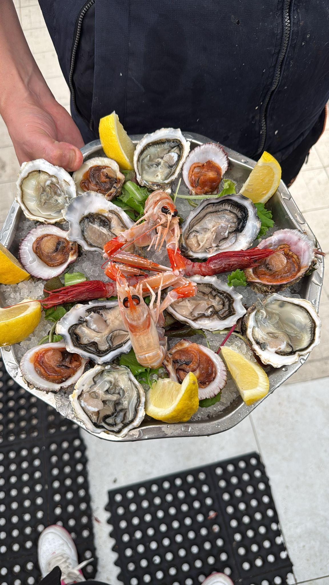 Persona che tiene in mano un piatto di ostriche, gamberi e spicchi di limone su ghiaccio.