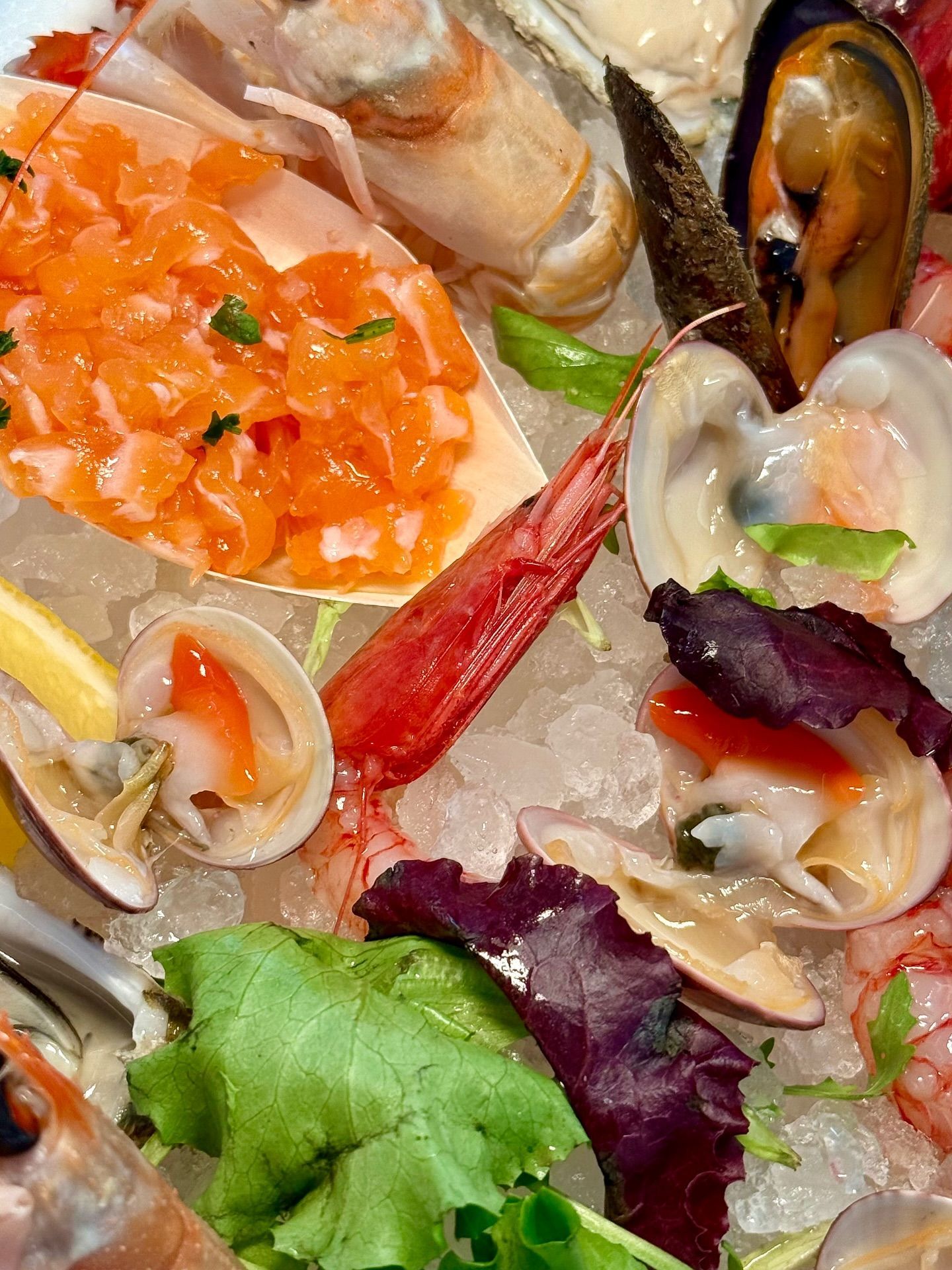 Piatto di frutti di mare su ghiaccio: salmone, gamberi, vongole, cozze, verdure.