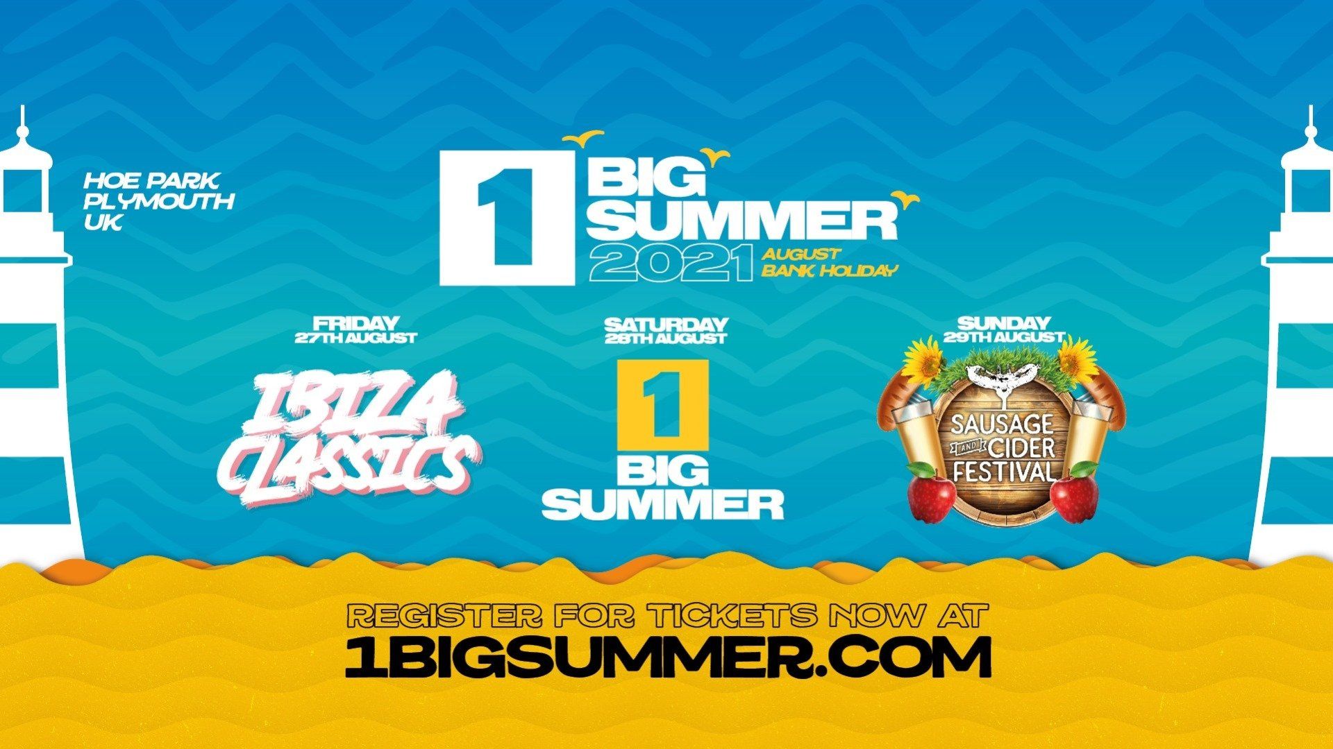 A poster for big summer with two lighthouses on it