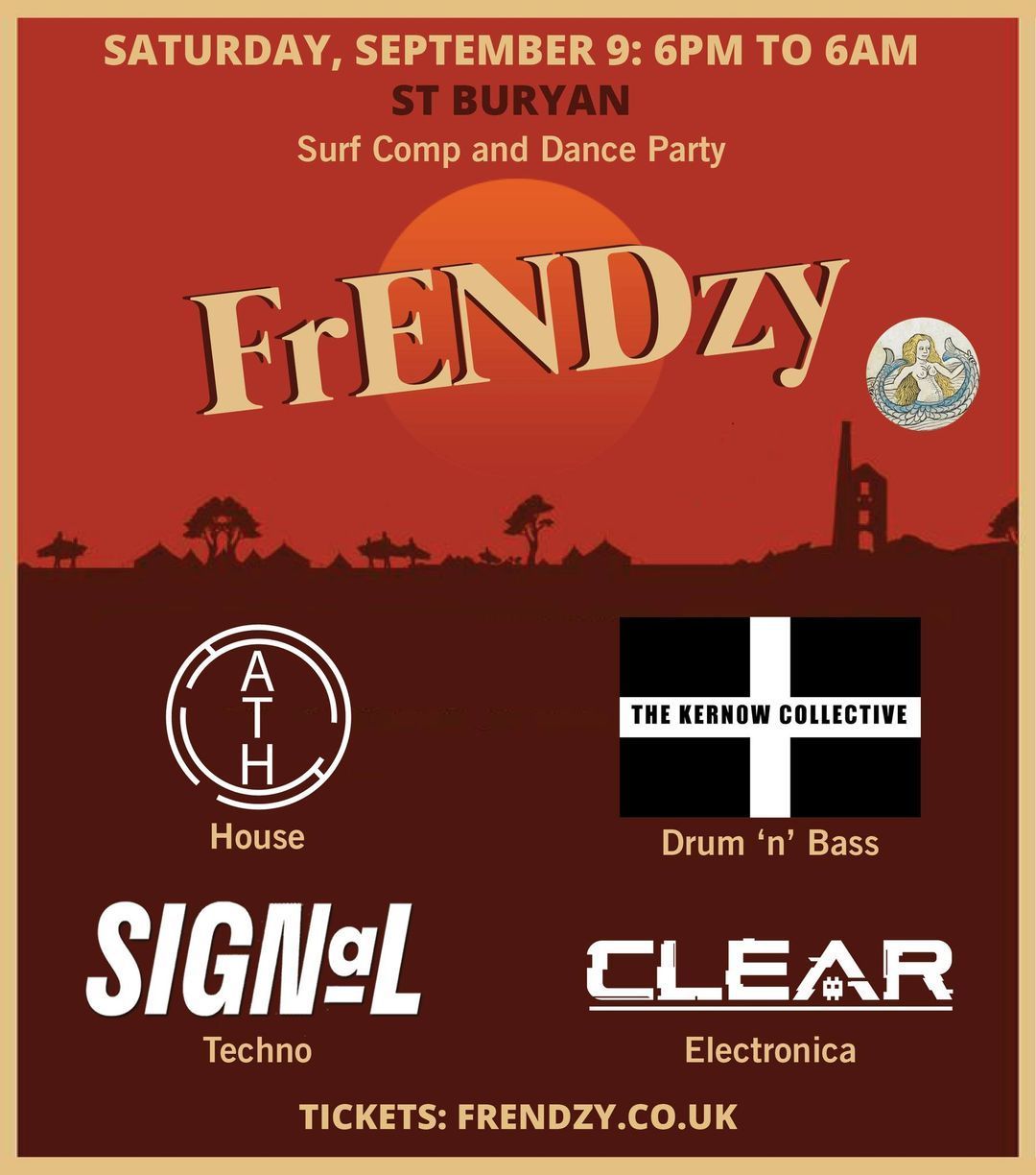 A poster for a surf comp and dance party called frendzy