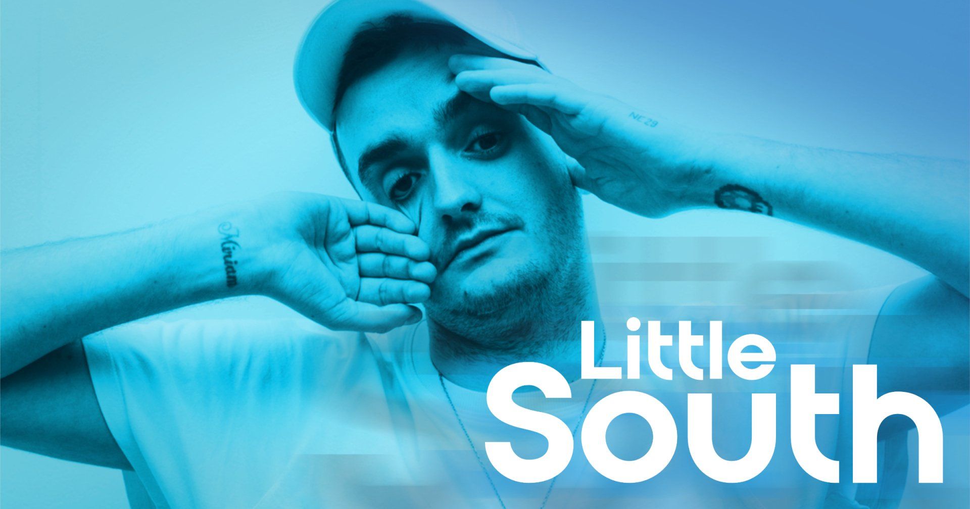 A man with his hands on his face and the words little south on the bottom