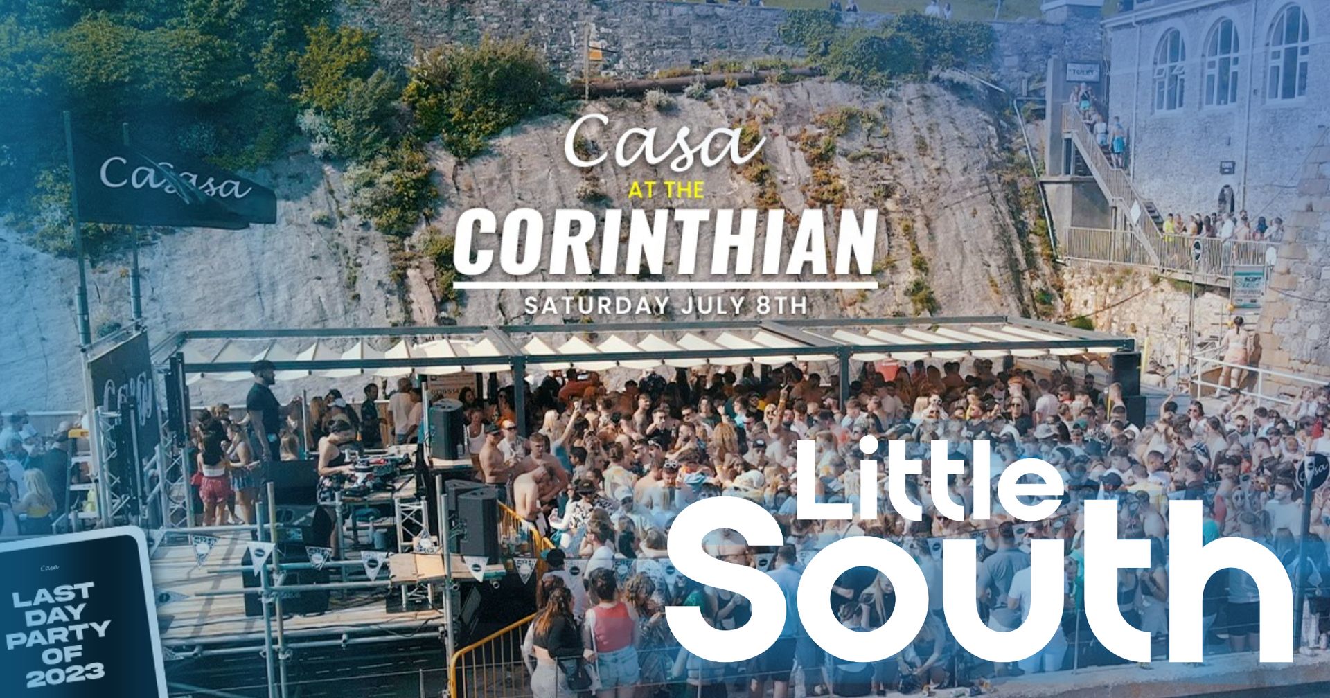 A crowd of people are gathered in front of a sign that says casa corinthian little south.