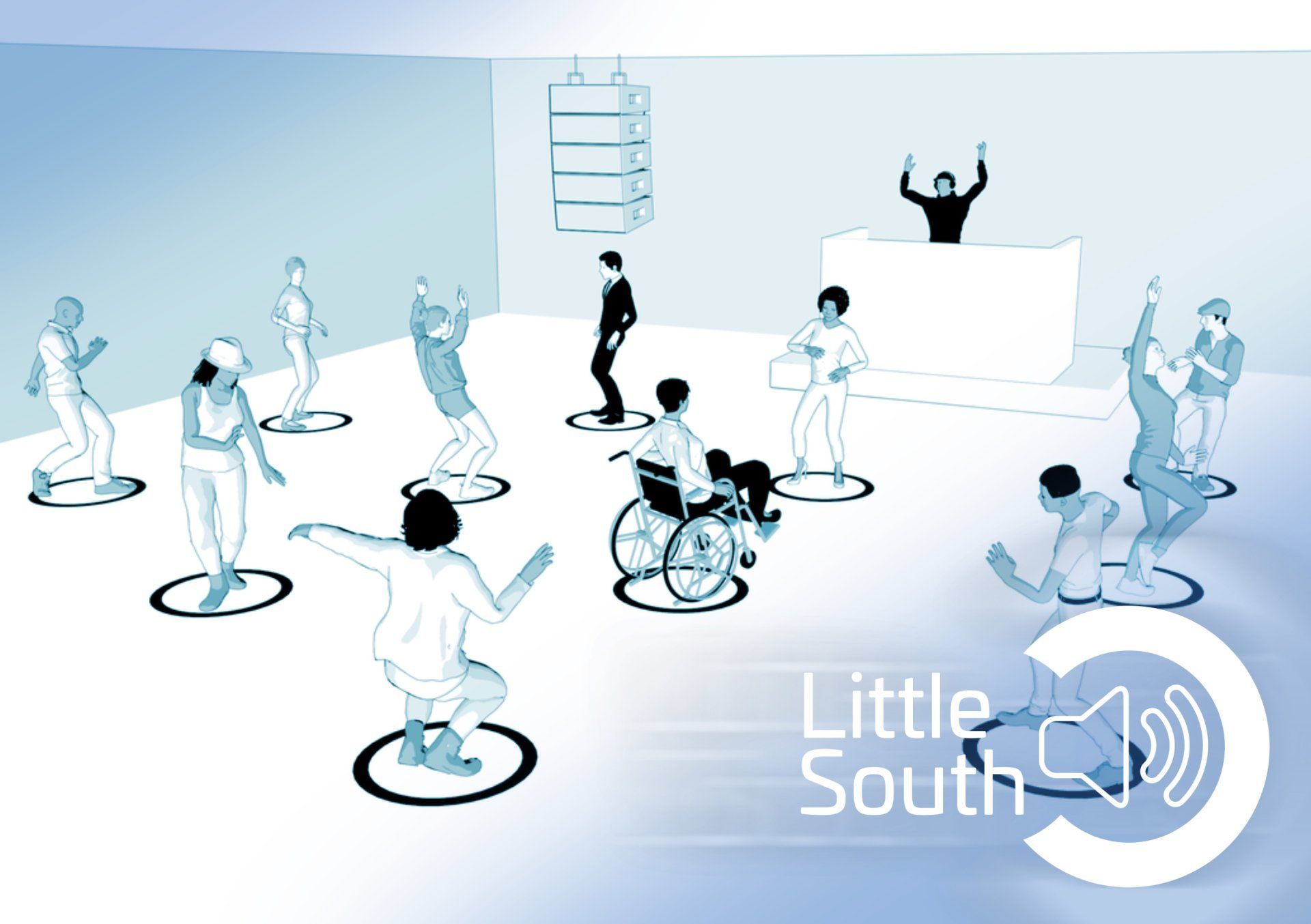 A group of people are dancing in a room with the words little south on the bottom