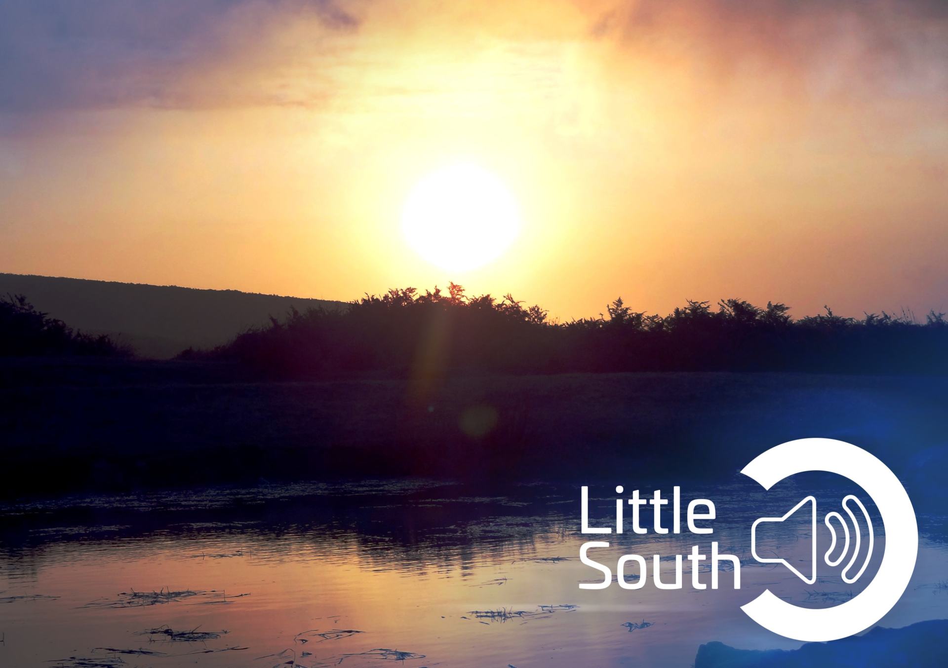 A sunset over a body of water with the words little south on the bottom