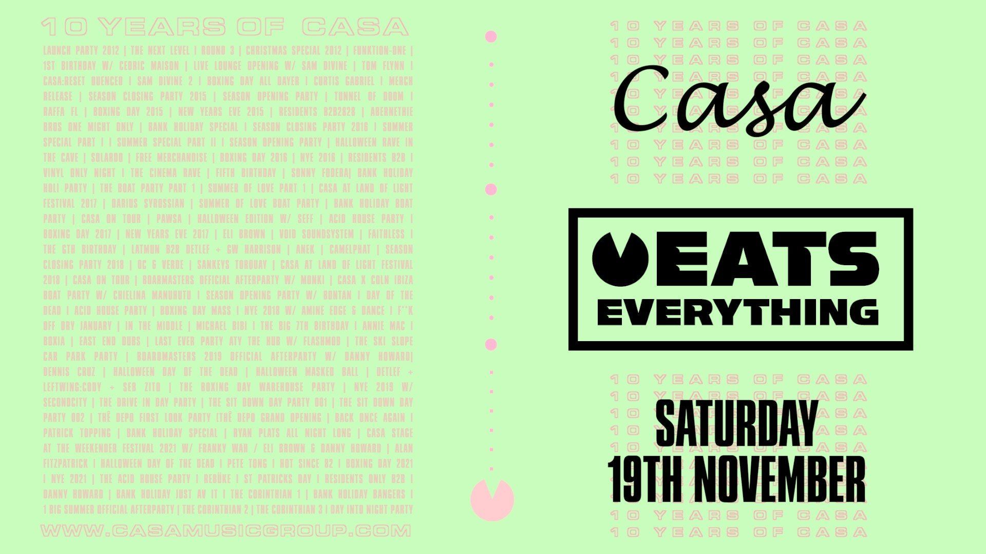 A poster for casa eats everything on saturday november 19th.