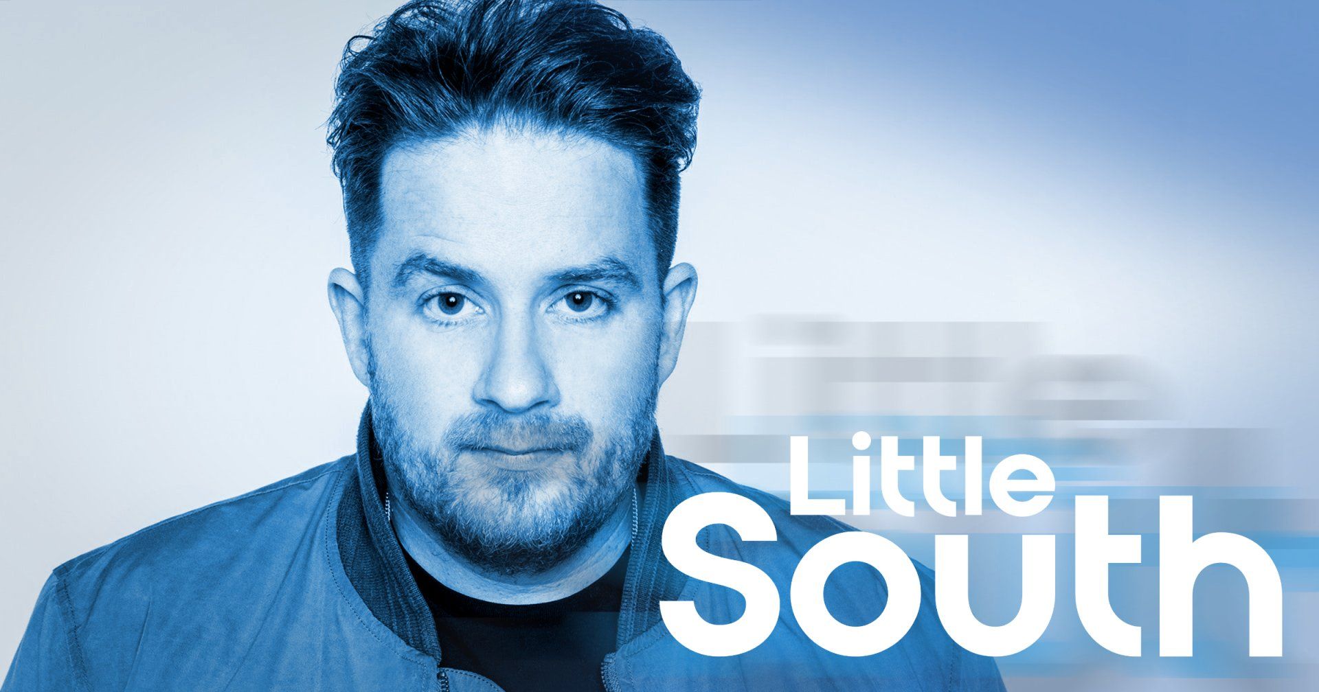 A man is standing in front of a blue background that says little south