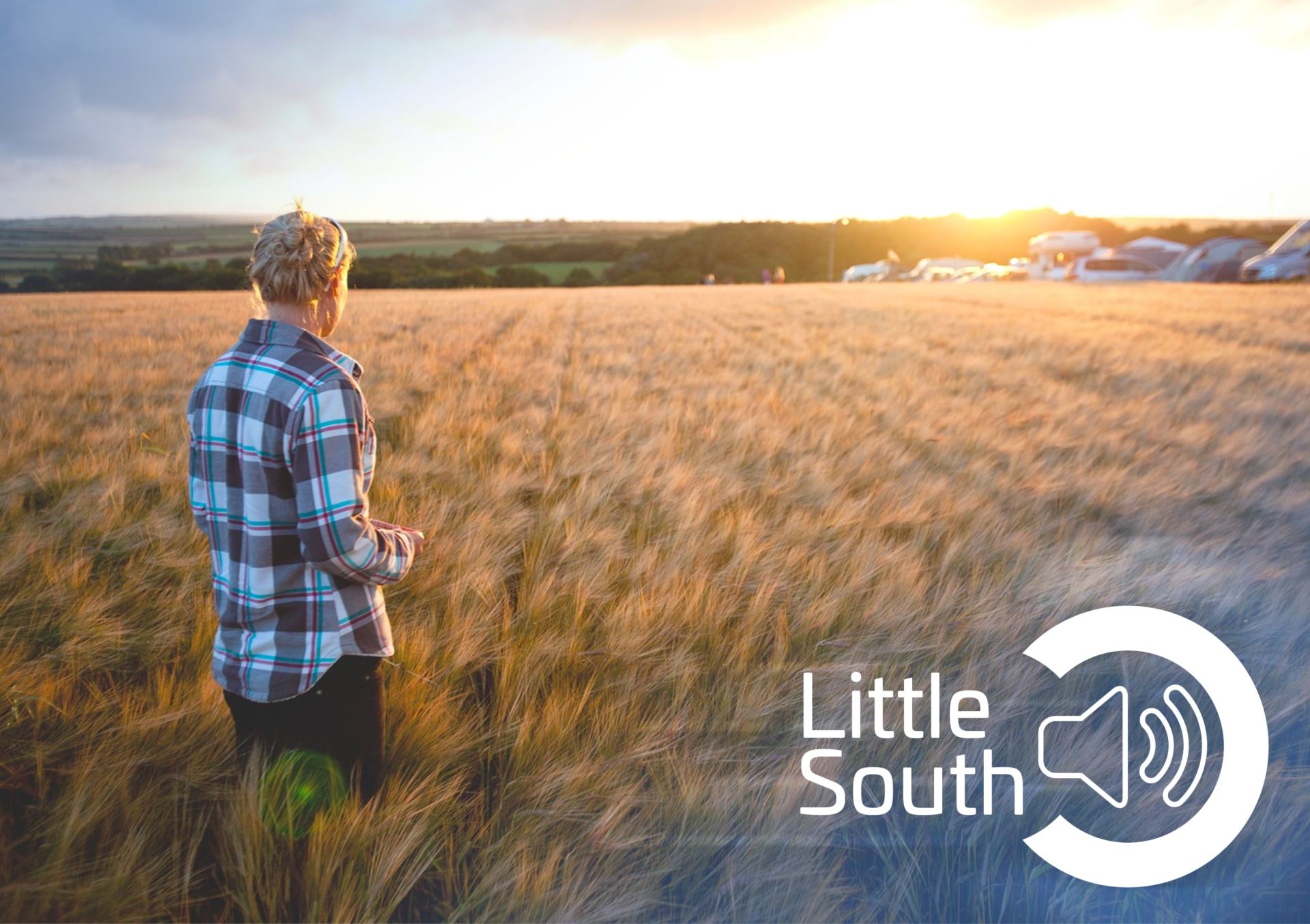 A man is standing in a field of wheat looking at the sunset.