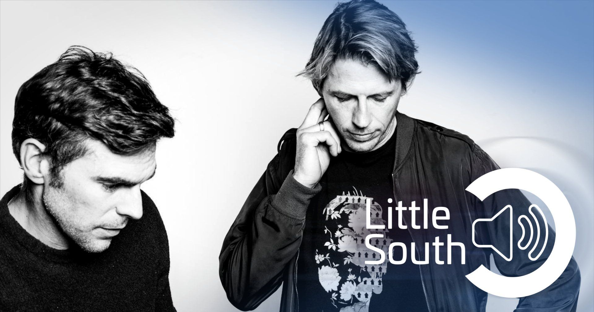 Two men standing next to each other with the words little south on the bottom