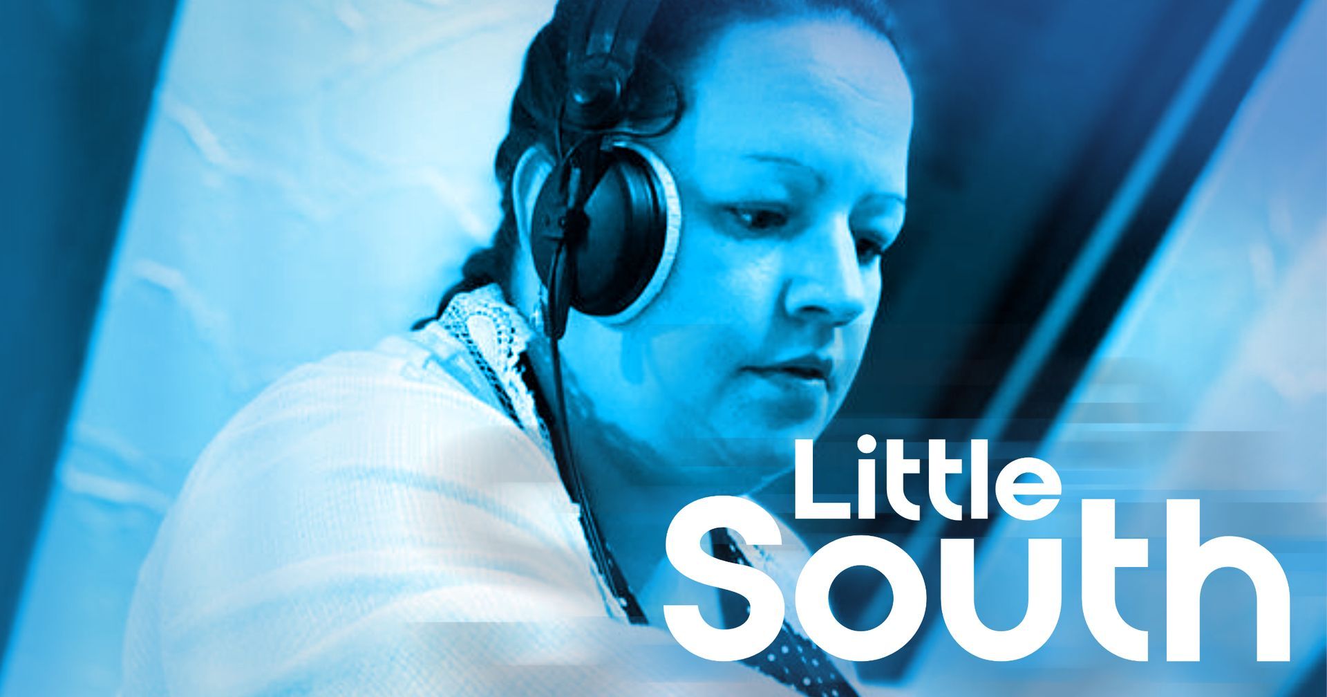 A woman wearing headphones with the words little south on the bottom