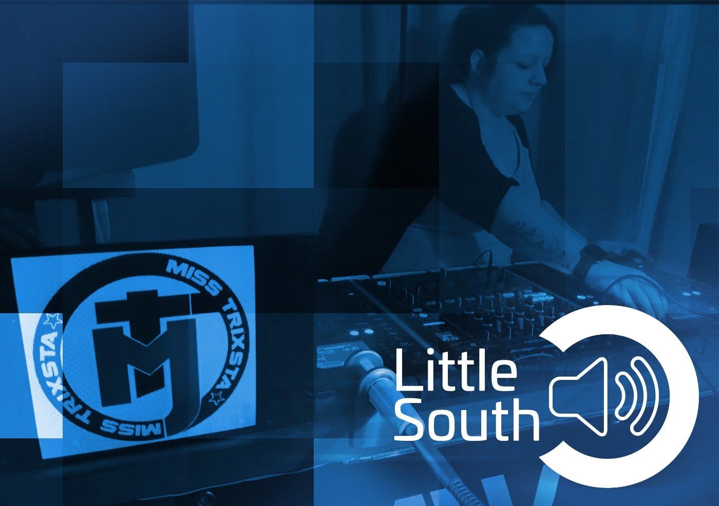 A woman is playing music in a little south logo