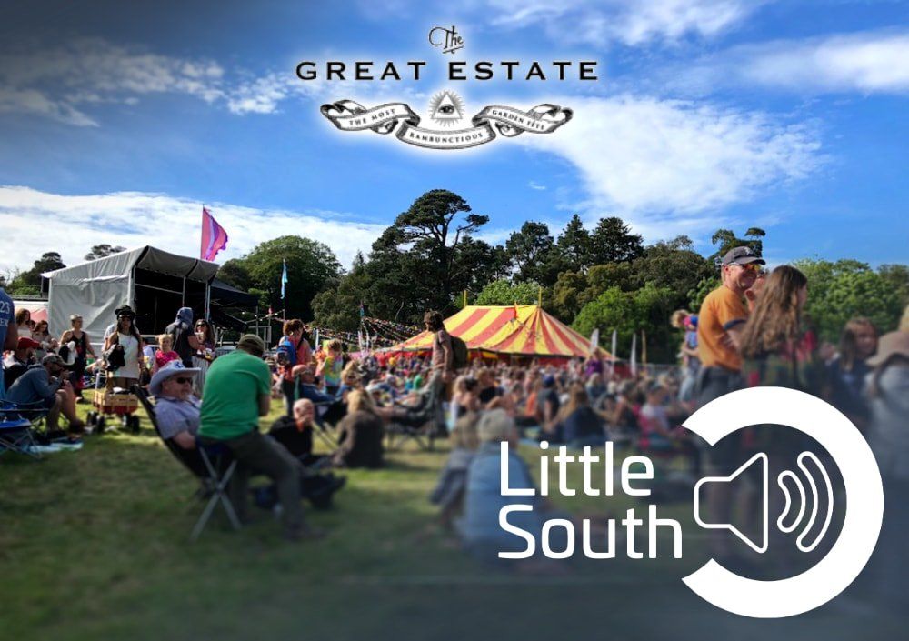 A group of people are sitting in a field at a festival.