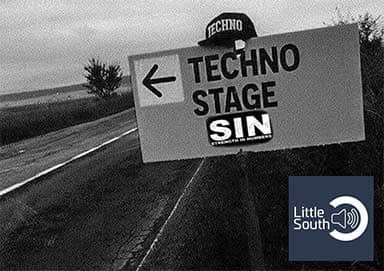 A black and white photo of a sign that says techno stage sin