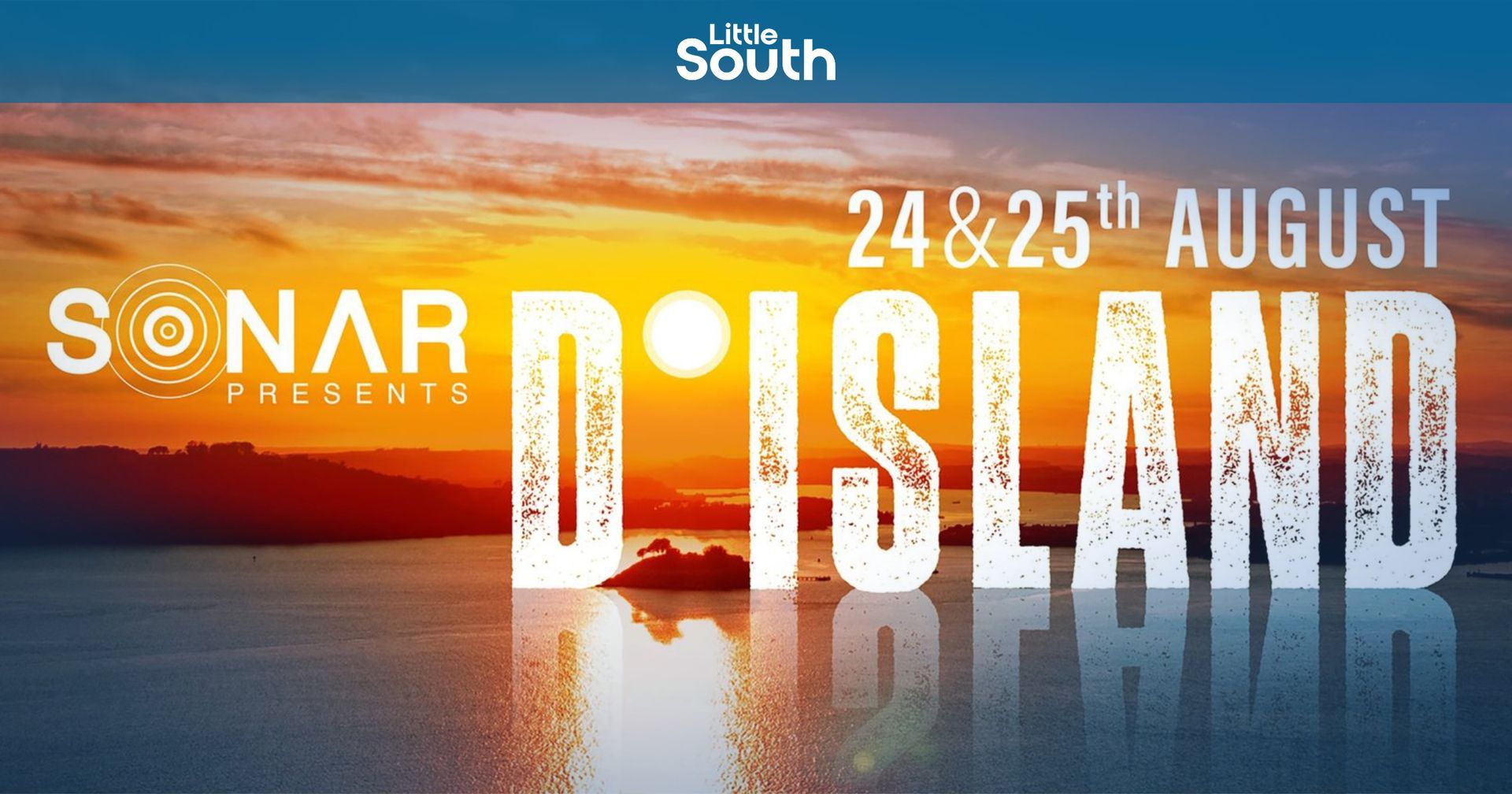 A poster for sonar d island shows a sunset over a body of water