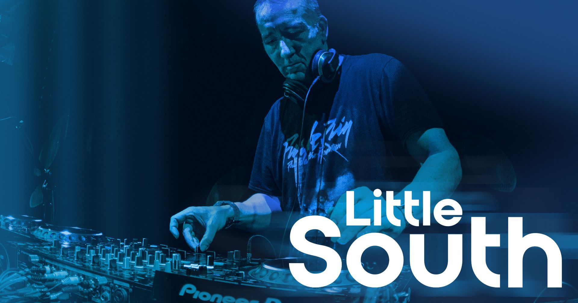 A man is playing a dj set with the words little south on the bottom