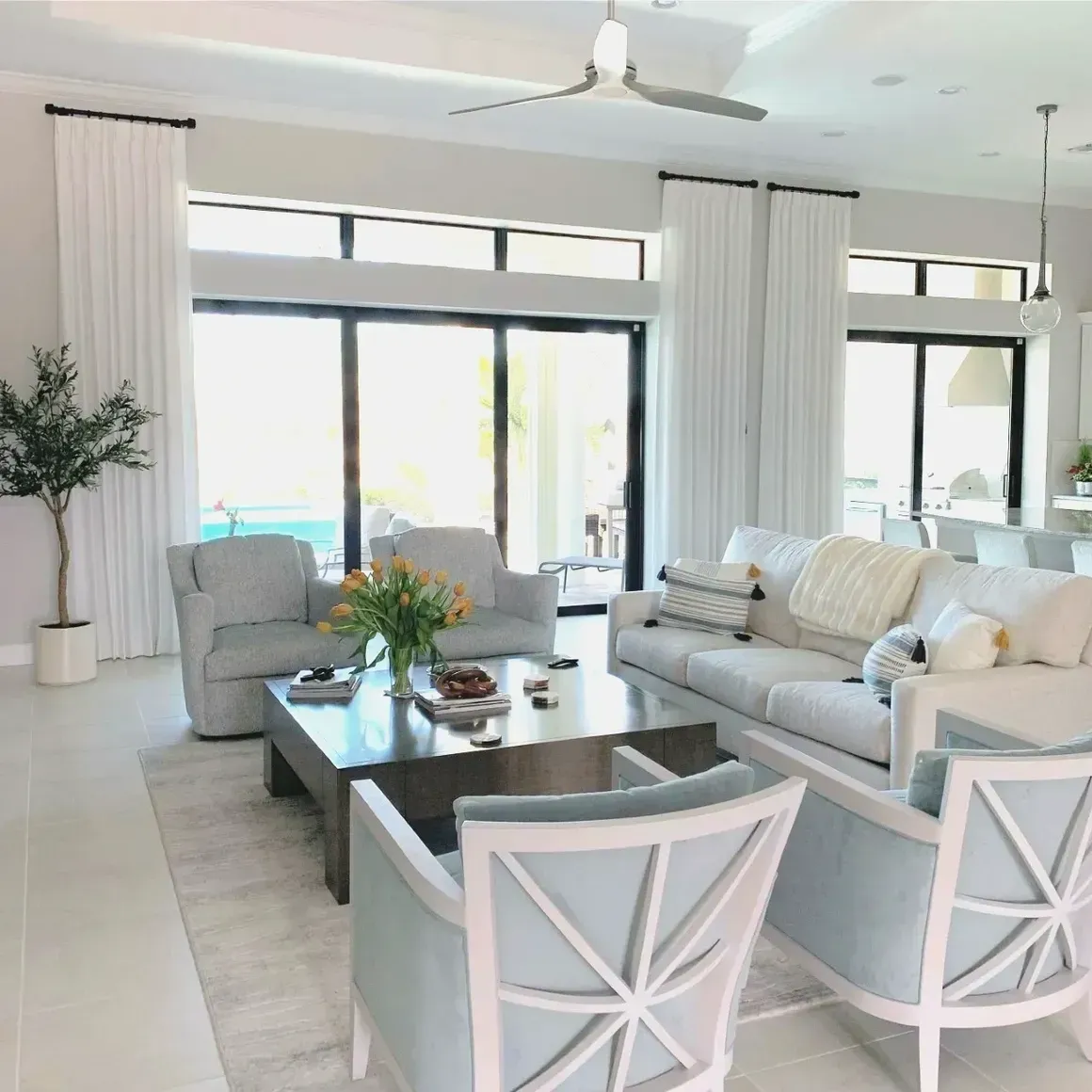 Modern Living Room with White and Light Blue Design — Naples, FL — Prestige Windows & Décor