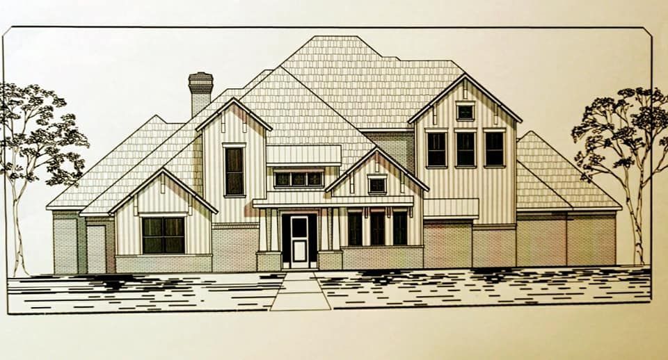 Architectural rendering of a two-story house with gabled roof, siding, and a small front porch.