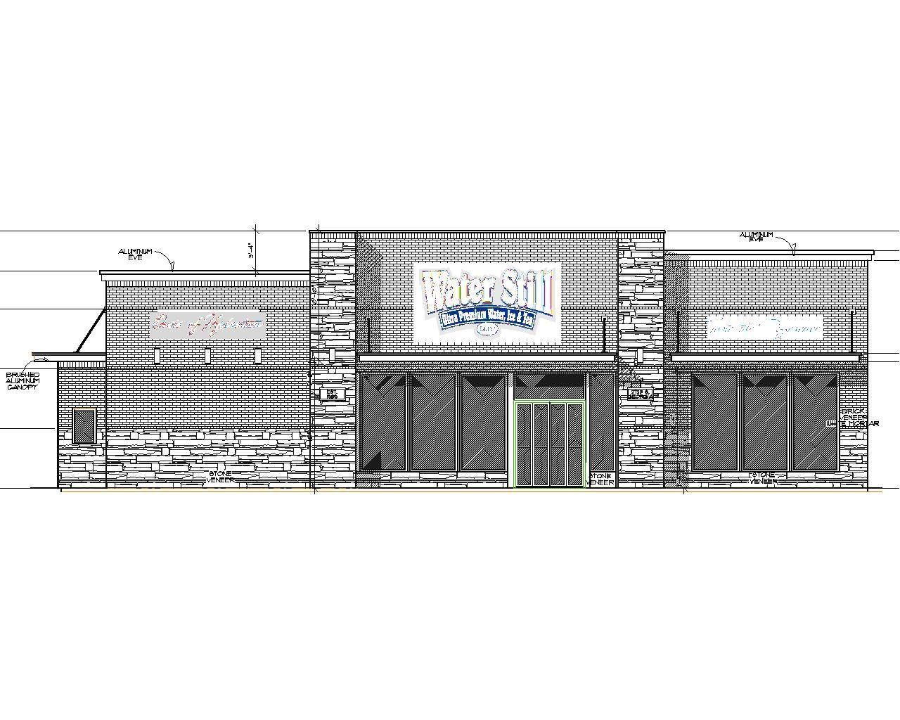 Architectural rendering of a building with a textured facade, central entrance, and sign.