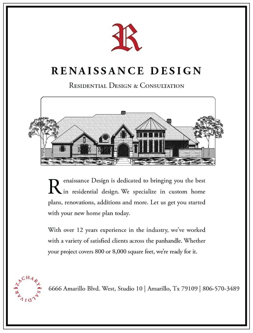 Advertisement for Renaissance Design, a home design and construction company, featuring a house illustration.