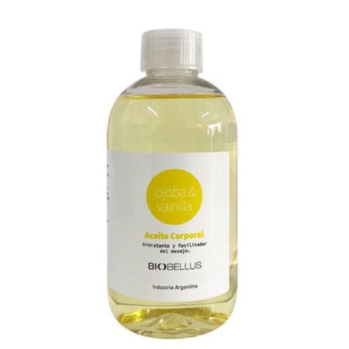 Una botella de aceite de jojoba y vainilla con etiqueta blanca.