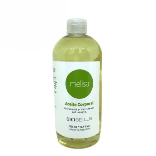 Una botella de aceite corporal de melisa con etiqueta verde.