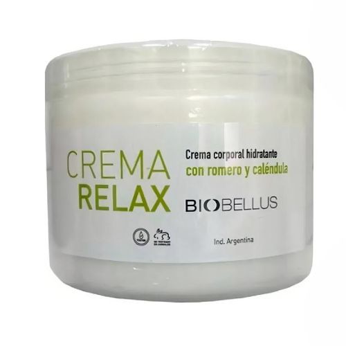 Un frasco blanco con una etiqueta verde que dice crema relax.