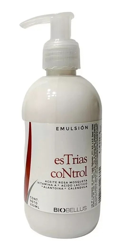 Una botella blanca con una etiqueta roja que dice control de es trias