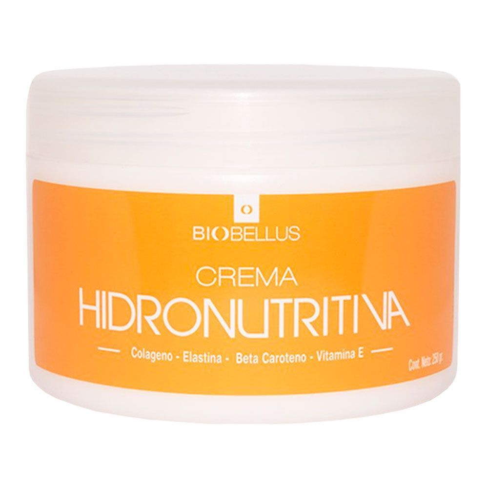 Un tarro blanco de crema hidronutritiva Biobellus.