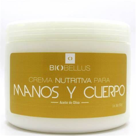 A white jar of biobellus crema nutritiva para manos y cuerpo