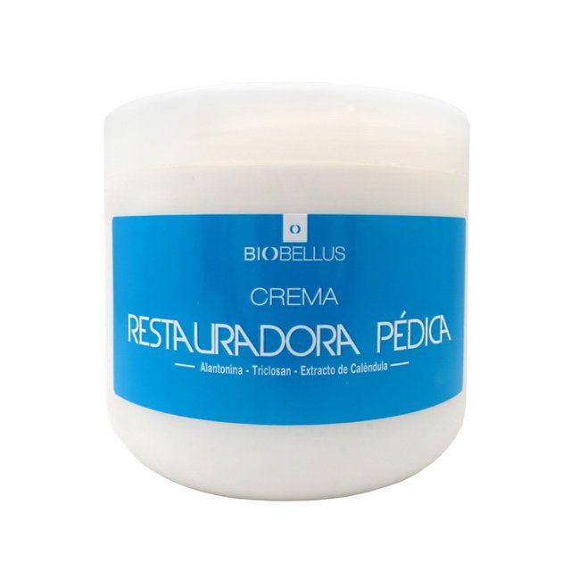 Un frasco de crema reparadora para pedicura Biobellus