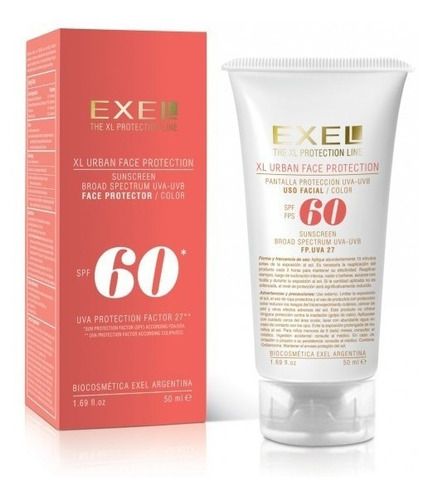 Un tubo de protector facial exel 60 junto a su caja