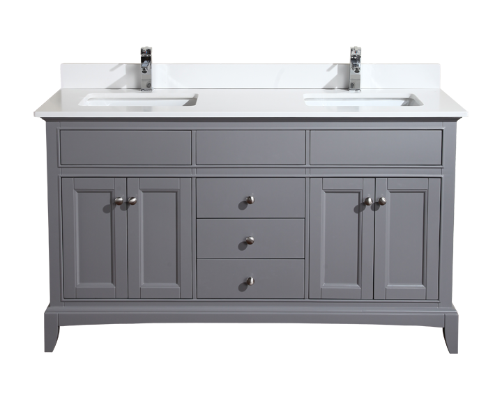 Gray double bathroom vanity with white countertop, two sinks, and chrome faucets