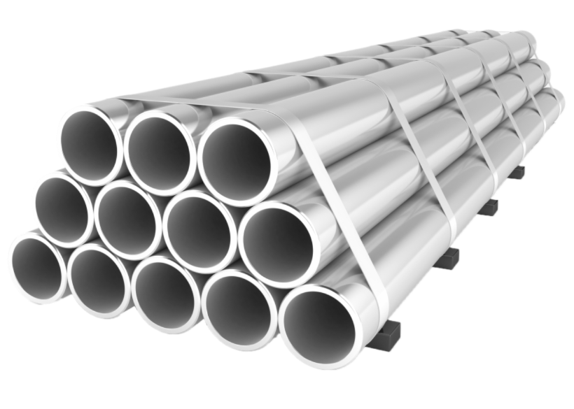 Bundle of grey commercial grade metal pipes secured with white straps