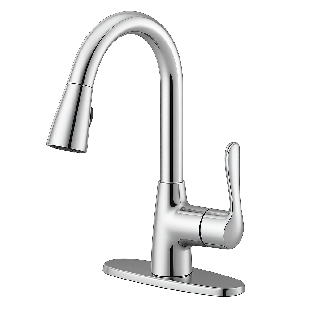 Chrome kitchen faucet with pull-down sprayer and single lever handle