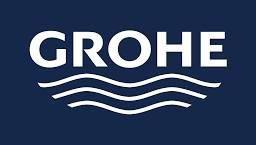 Grohe logo with white text over three wavy lines, on a dark blue background