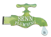 Sign for Senn Plumbing: a green, stylized faucet with white text and a water drop