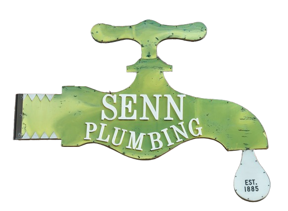 Sign for Senn Plumbing: a green, stylized faucet with white text and a water drop