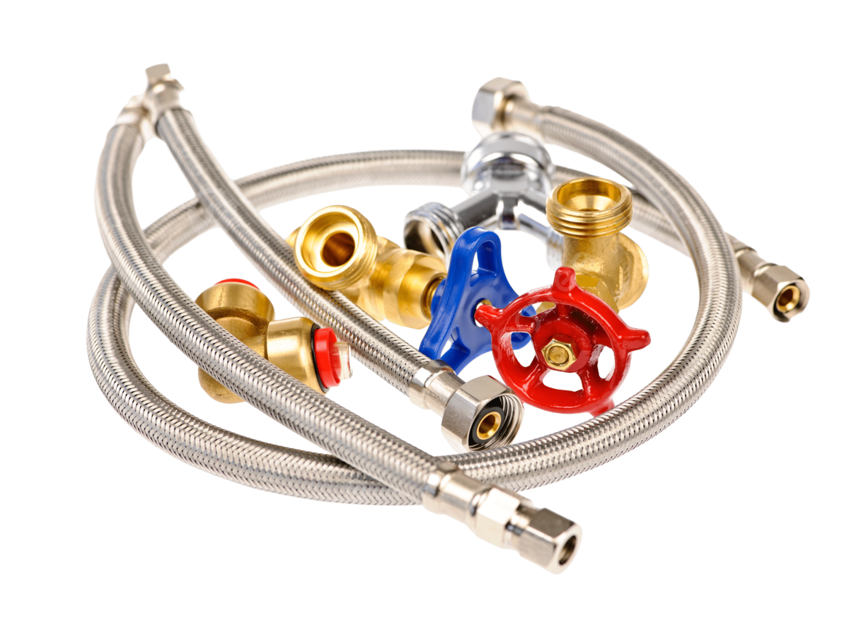 Plumbing parts including braided hoses, valves, and brass fittings