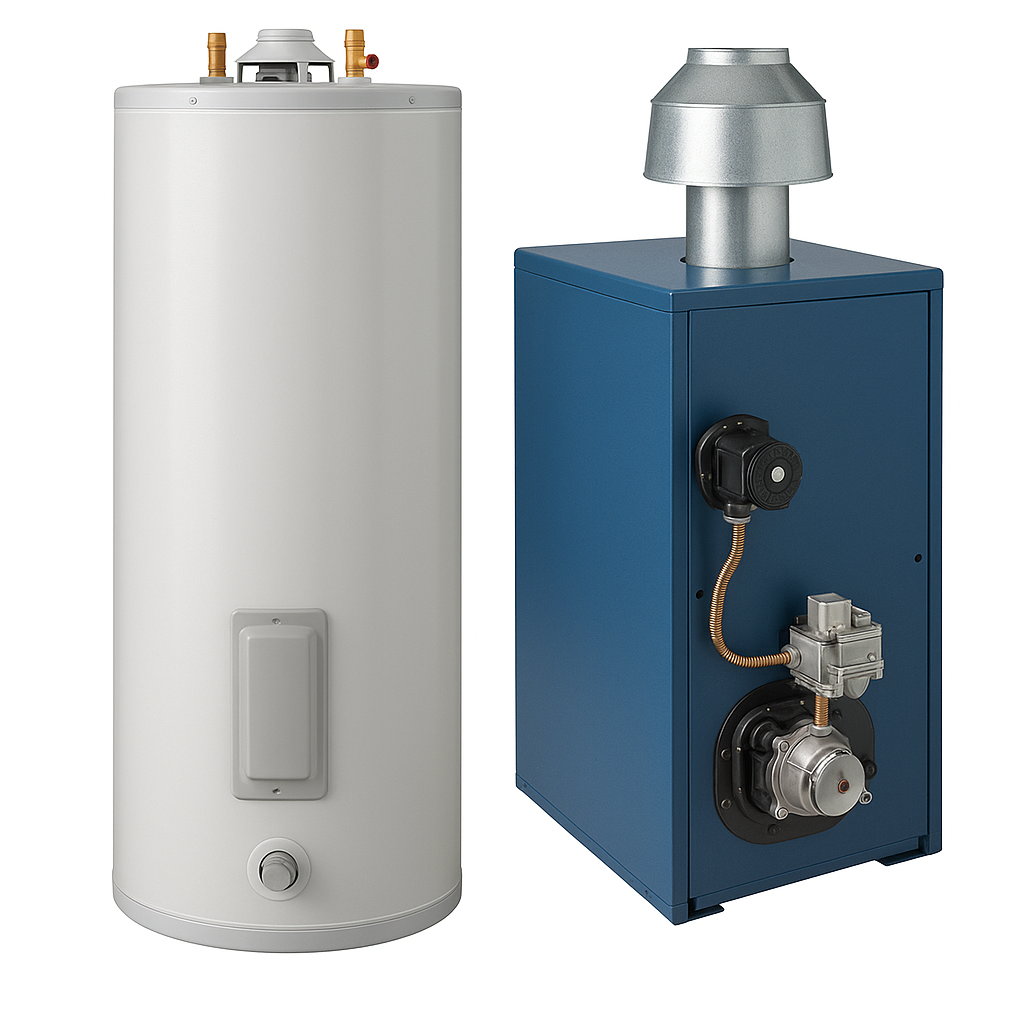 A white water heater tank next to a blue boiler with a flue