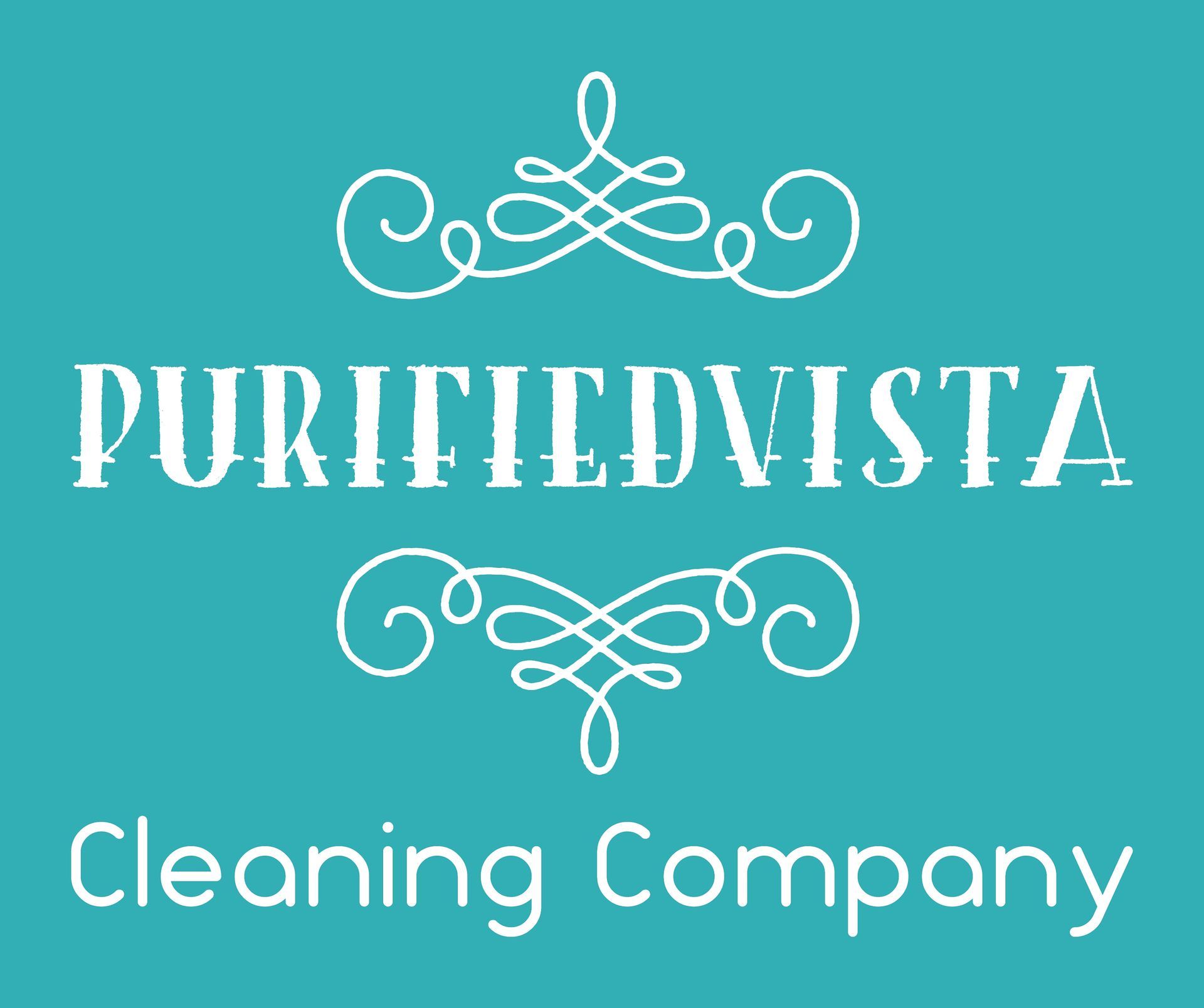Logo for Purified Vista Cleaning Company, teal decorative flourishes frame text.