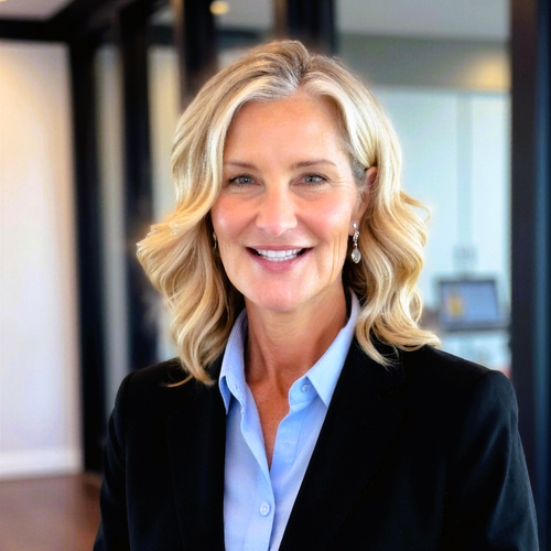 Kristi Lovell in a black blazer and blue shirt in a modern office hallway