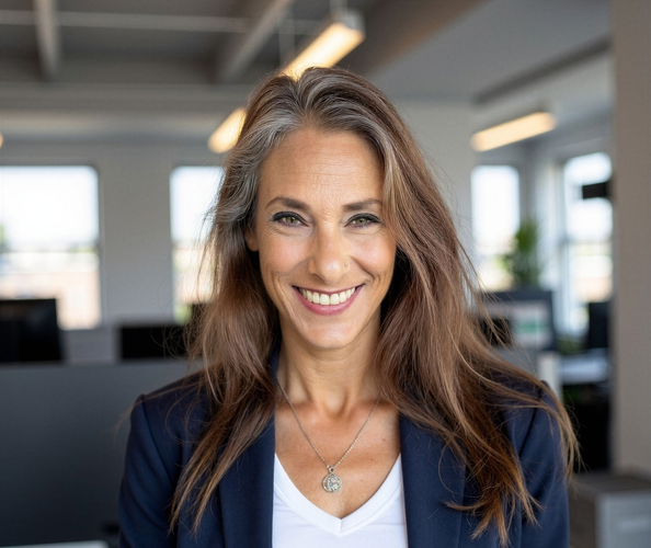 Lynn Cardinale in a navy blazer in a modern office setting